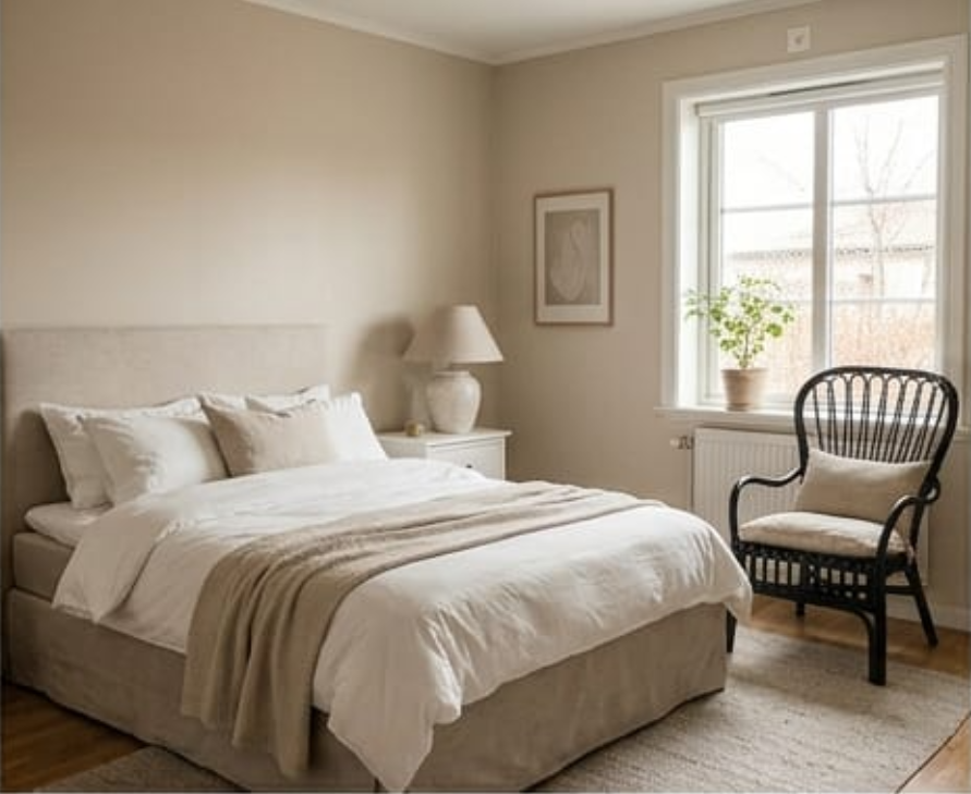 Double room with an upholstered headboard and white bedding